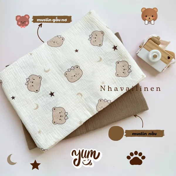 Vải xô muslin cao cấp 2 lớp hoạ tiết gấu nơ, gấu ong