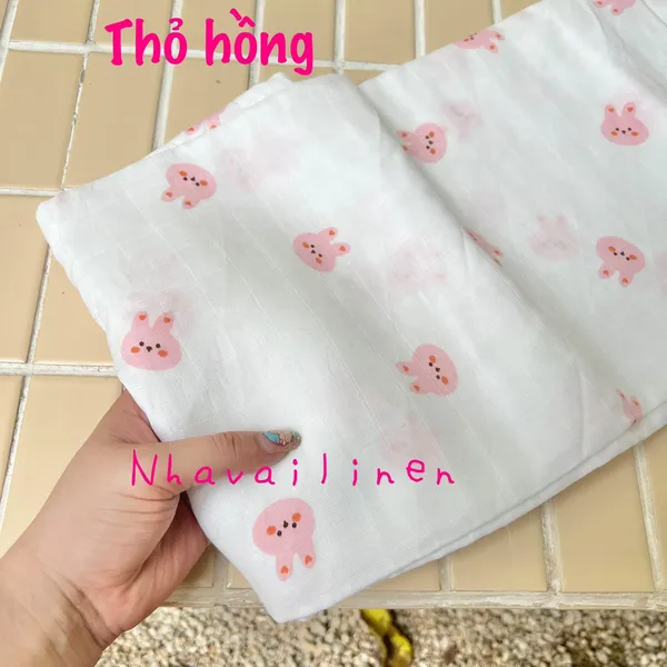 Vải sợi tre cao cấp 2 lớp hoa tiết thỏ hồng