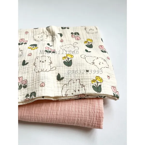 MUSLIN HỌA TIẾT MÈO TULIP NỀN BE