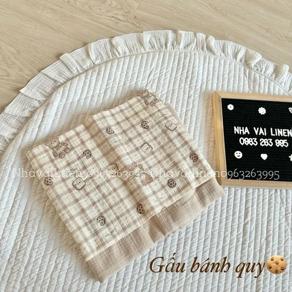 Vải xô muslin cao cấp 2 lớp hoạ tiết gấu bánh quy
