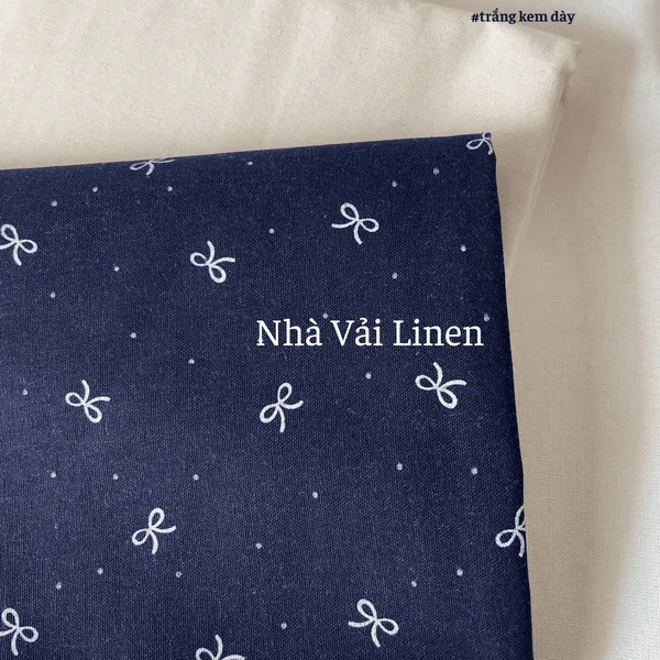 Vải Linen Bột Dày NƠ TRẮNG NỀN XANH Chất Vải Dày Dặn