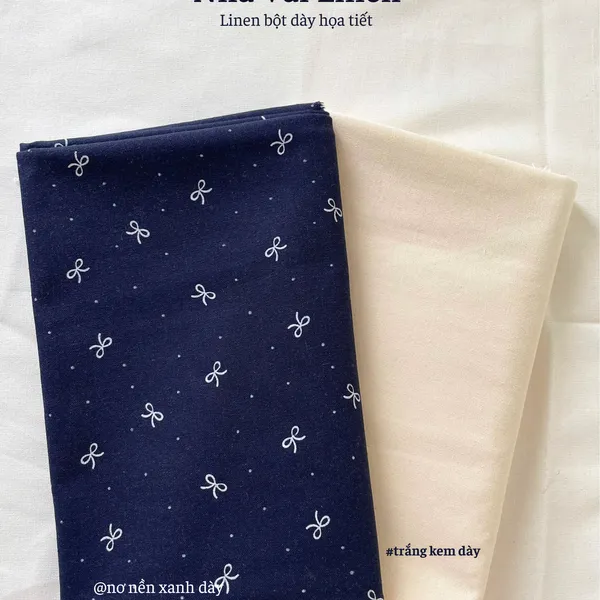 Vải Linen Bột Dày NƠ TRẮNG NỀN XANH Chất Vải Dày Dặn