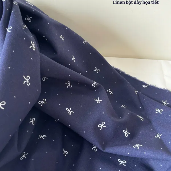Vải Linen Bột Dày NƠ TRẮNG NỀN XANH Chất Vải Dày Dặn