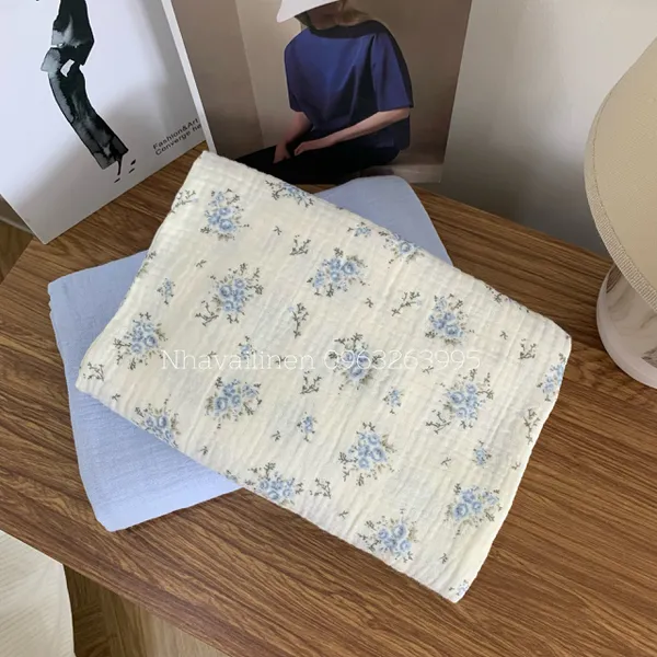 Xô muslin cao cấp 2 lớp hoạ tiết hoa chùm xanh