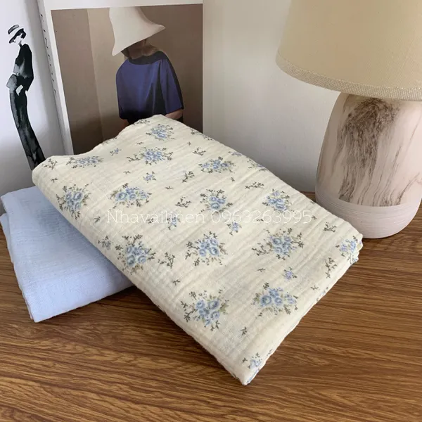 Xô muslin cao cấp 2 lớp hoạ tiết hoa chùm xanh