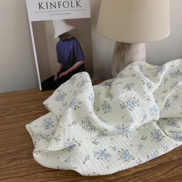 Xô muslin cao cấp 2 lớp hoạ tiết hoa chùm xanh