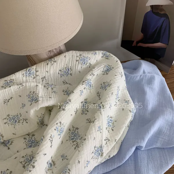 Xô muslin cao cấp 2 lớp hoạ tiết hoa chùm xanh
