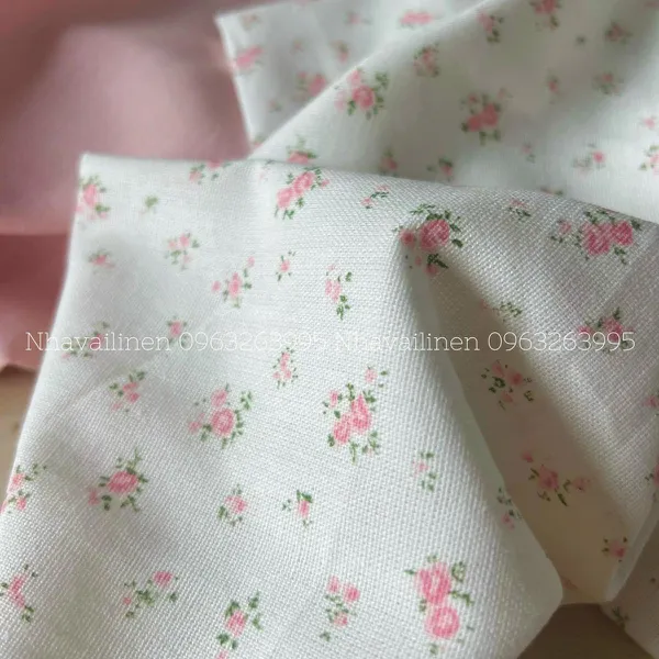 Vải linen bột hoa hồng lá xanh