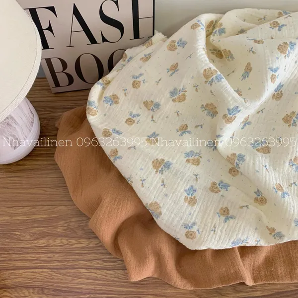 Xô muslin cao cấp 2 lớp hoạ tiết hoa nâu lá xanh