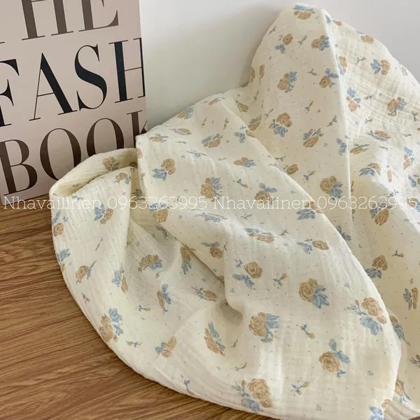 Xô muslin cao cấp 2 lớp hoạ tiết hoa nâu lá xanh