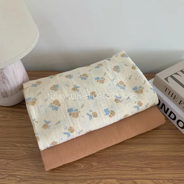 Xô muslin cao cấp 2 lớp hoạ tiết hoa nâu lá xanh