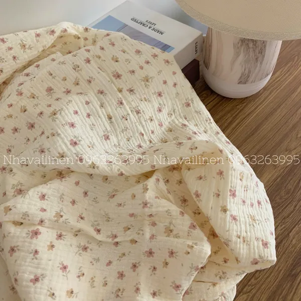 Xô muslin cao cấp 2 lớp hoạ tiết hoa nhí hồng nâu