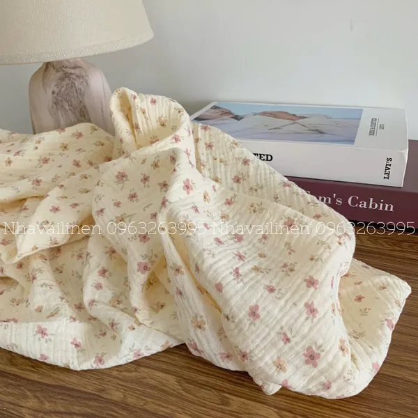 Xô muslin cao cấp 2 lớp hoạ tiết hoa nhí hồng nâu