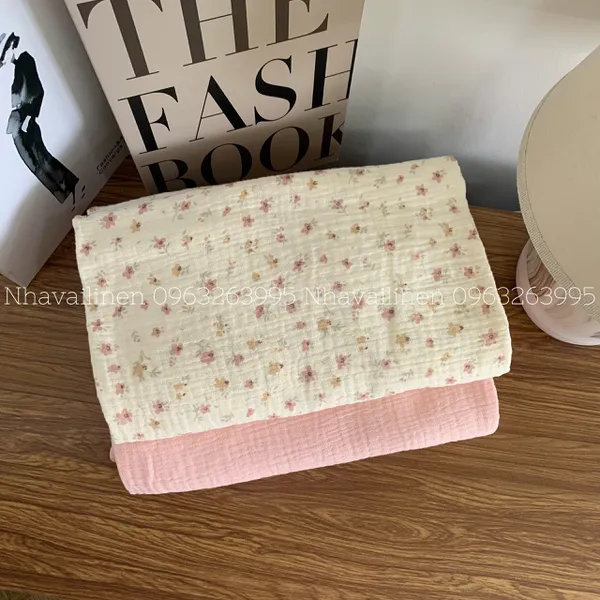 Xô muslin cao cấp 2 lớp hoạ tiết hoa nhí hồng nâu