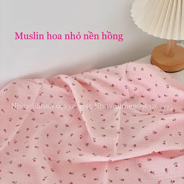 Vải xô muslin cao cấp 2 lớp họa tiết hoa nhỏ nền hồng