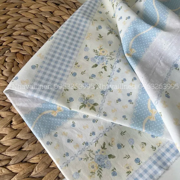 Vải cotton cao cấp hoạ tiết hoa sọc nơ vàng