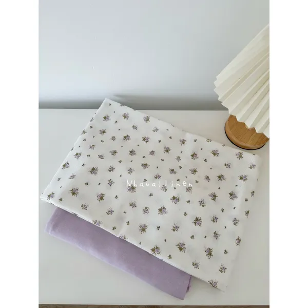 Vải linen bột hoa tím lá xanh