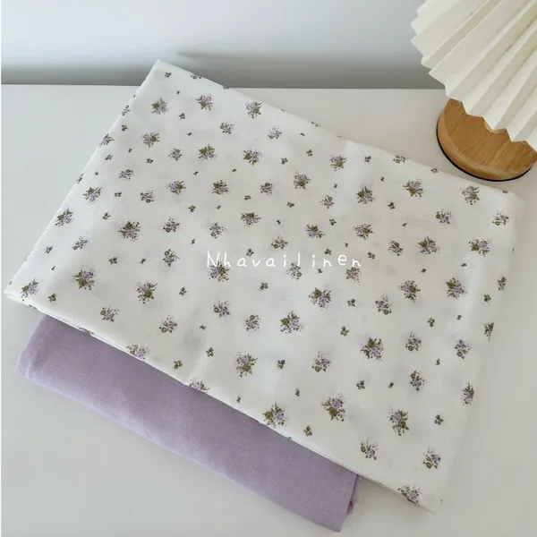 Vải linen bột hoa tím lá xanh