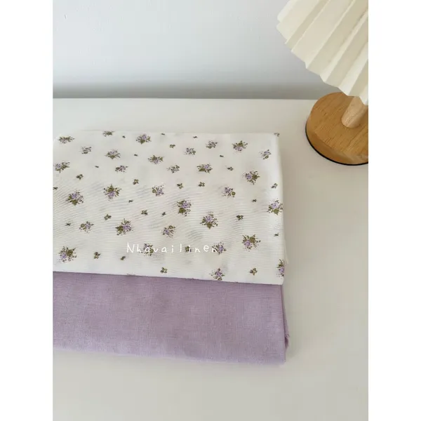 Vải linen bột hoa tím lá xanh