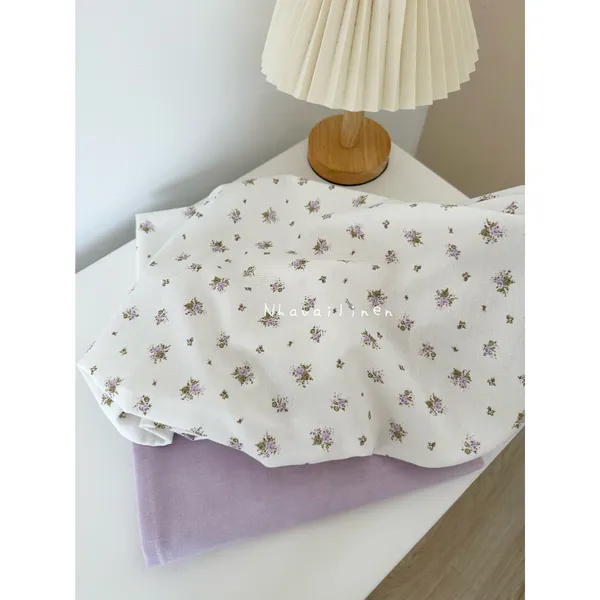Vải linen bột hoa tím lá xanh