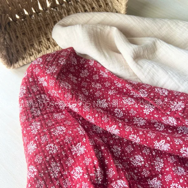 Vải xô muslin cao cấp 2 lớp hoạ tiết HOA TUYẾT NỀN ĐỎ
