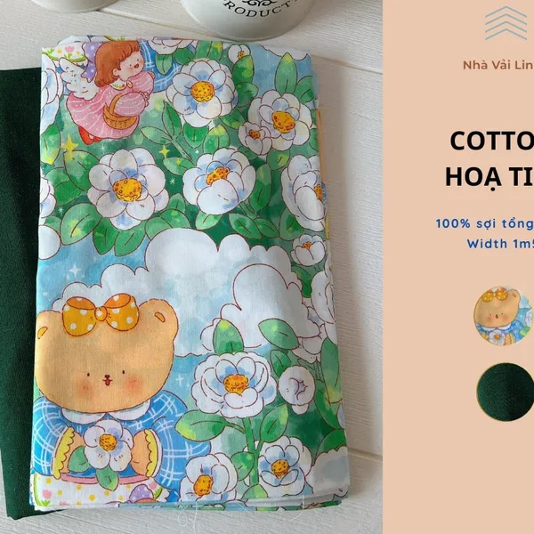 Vải Cotton hoạ tiết gấu ôm hoa