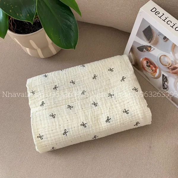 Xô muslin cao cấp 2 lớp hoạ tiết nơ chấm bi đen
