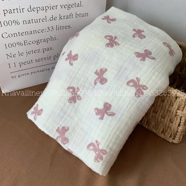 Xô muslin cao cấp 2 lớp hoạ tiết nơ hồng