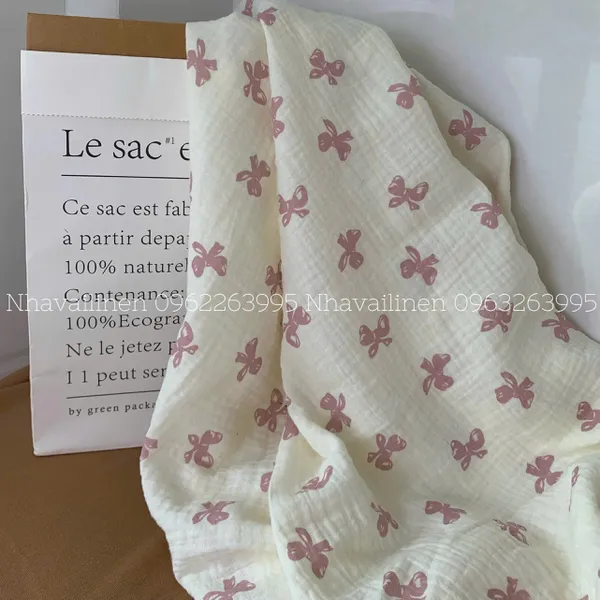 Xô muslin cao cấp 2 lớp hoạ tiết nơ hồng