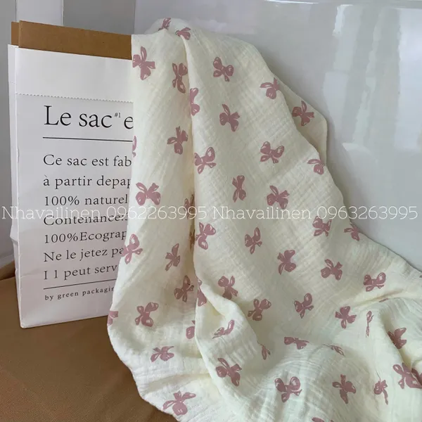 Xô muslin cao cấp 2 lớp hoạ tiết nơ hồng