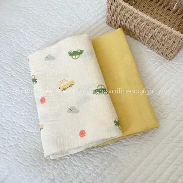 Xô muslin cao cấp 2 lớp hoạ tiết ô tô