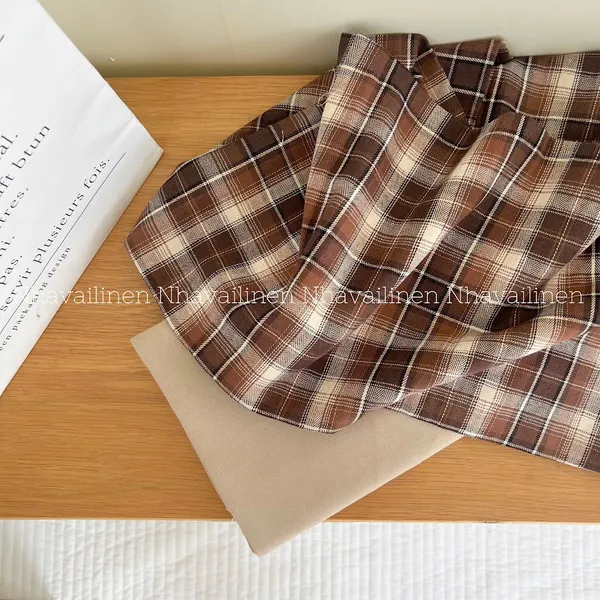 Vải caro cotton to nâu be