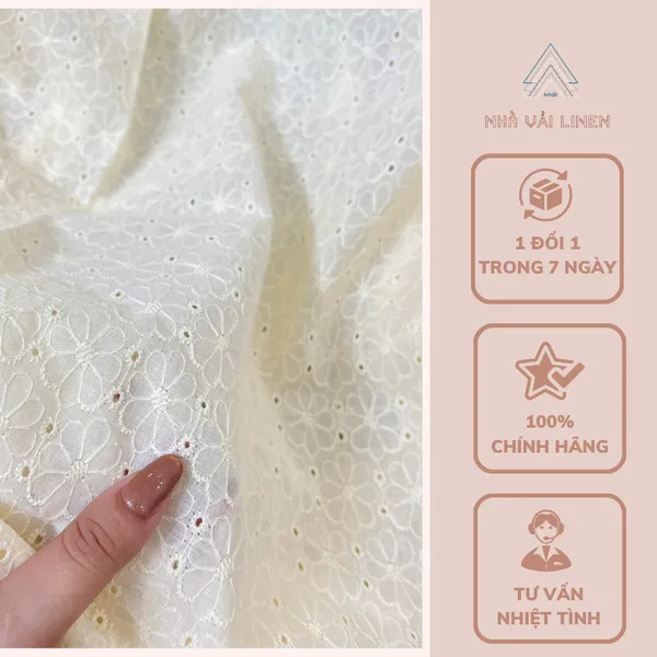 Vải boi thêu hoạ tiết hoa be kem sang trọng