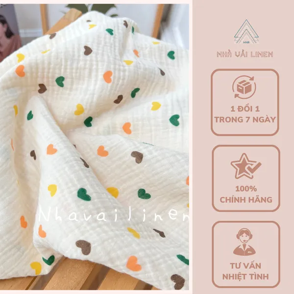 Vải xô muslin cao cấp 2 lớp hoạ tiết trái tim tứ sắc