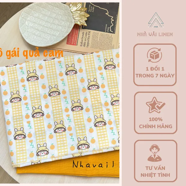 Vải Cotton Cao Cấp Hoạ Tiết Cô Gái Qủa Cam