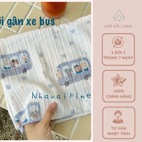 Vải đũi gân mềm nhẹ  hoạ tiết xe bus