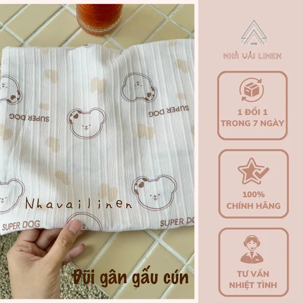 Vải đũi gân mềm nhẹ hoạ tiết gấu cún
