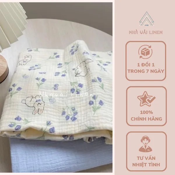 MUSLIN HỌA TIẾT THỎ HOA XANH DƯƠNG
