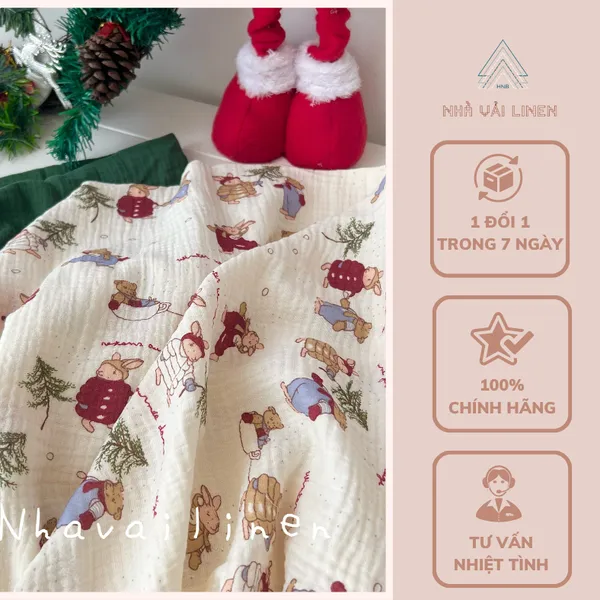 Vải xô muslin cao cấp 2 lớp hoạ tiết gấu noel