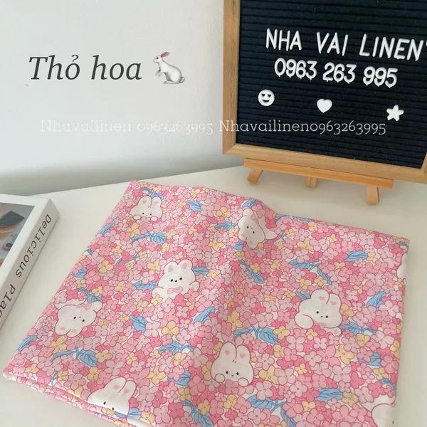 Vải xô ô vuông organic hoạ tiết thỏ hoa