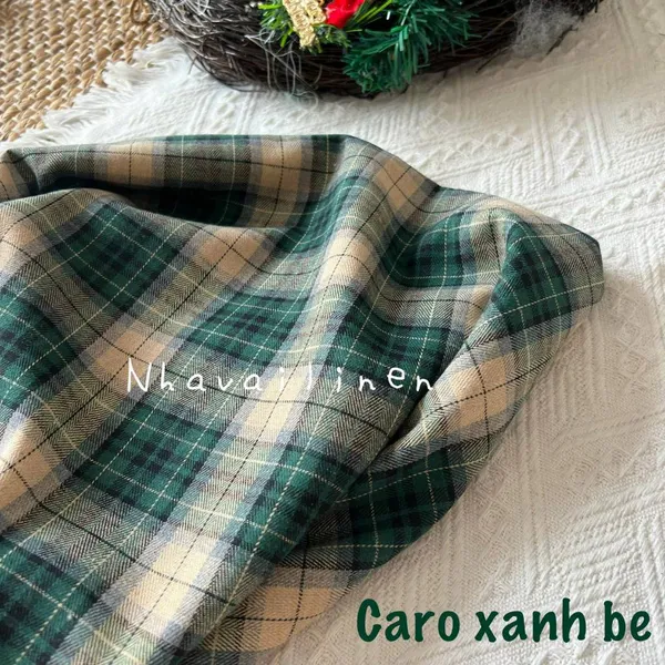 Vải caro cotton xanh be
