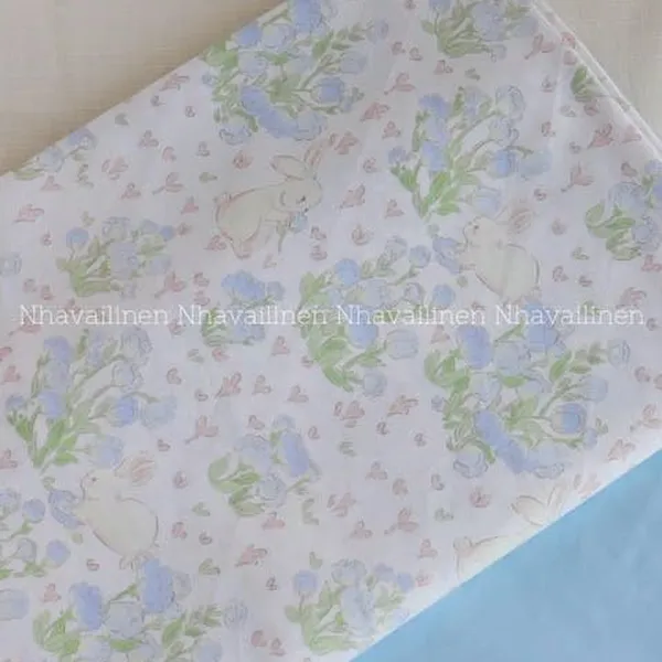 Vải cotton hoạ tiết thỏ hái hoa