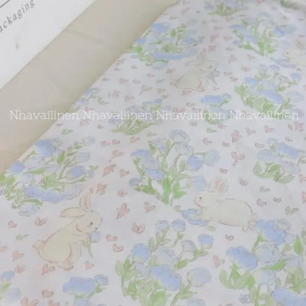 Vải cotton hoạ tiết thỏ hái hoa
