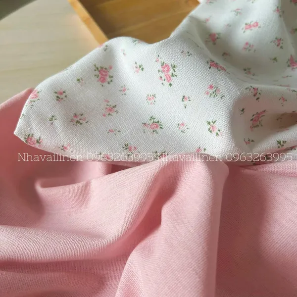 Vải linen bột hoa hồng lá xanh