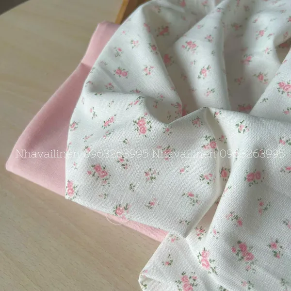 Vải linen bột hoa hồng lá xanh