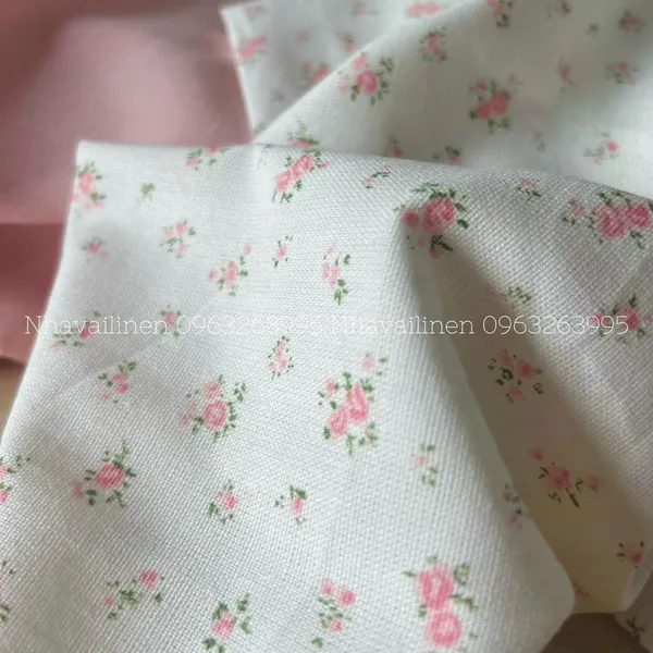 Vải linen bột hoa hồng lá xanh