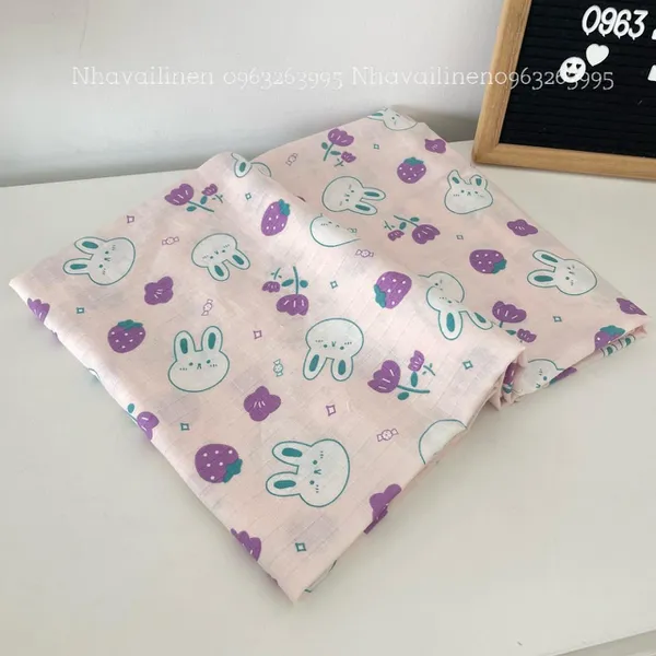 Vải xô ô vuông organic hoạ tiết gâu tulip tím