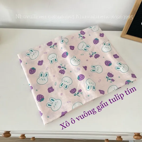 Vải xô ô vuông organic hoạ tiết gâu tulip tím