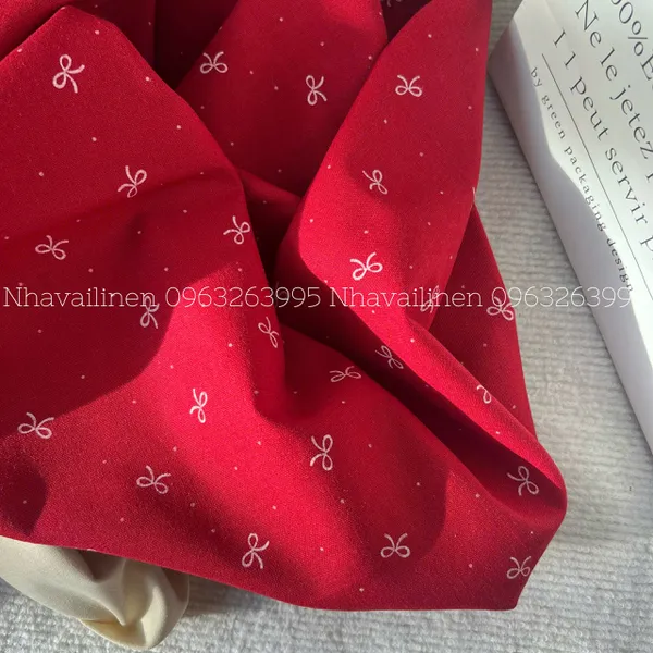 Vải Linen Bột Dày NƠ TRẮNG NỀN ĐỎ Chất Vải Dày Dặn