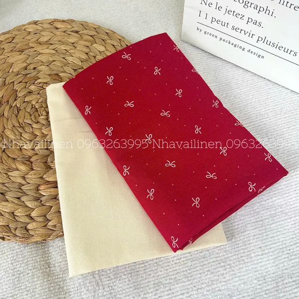 Vải Linen Bột Dày NƠ TRẮNG NỀN ĐỎ Chất Vải Dày Dặn
